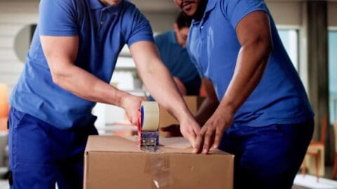 a team of movers in blue uniforms tapes a box shut