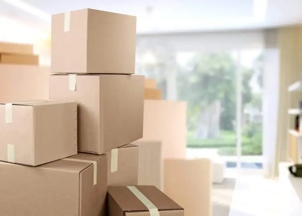 Stacked cardboard moving boxes in a bright living room, ready for a home relocation.