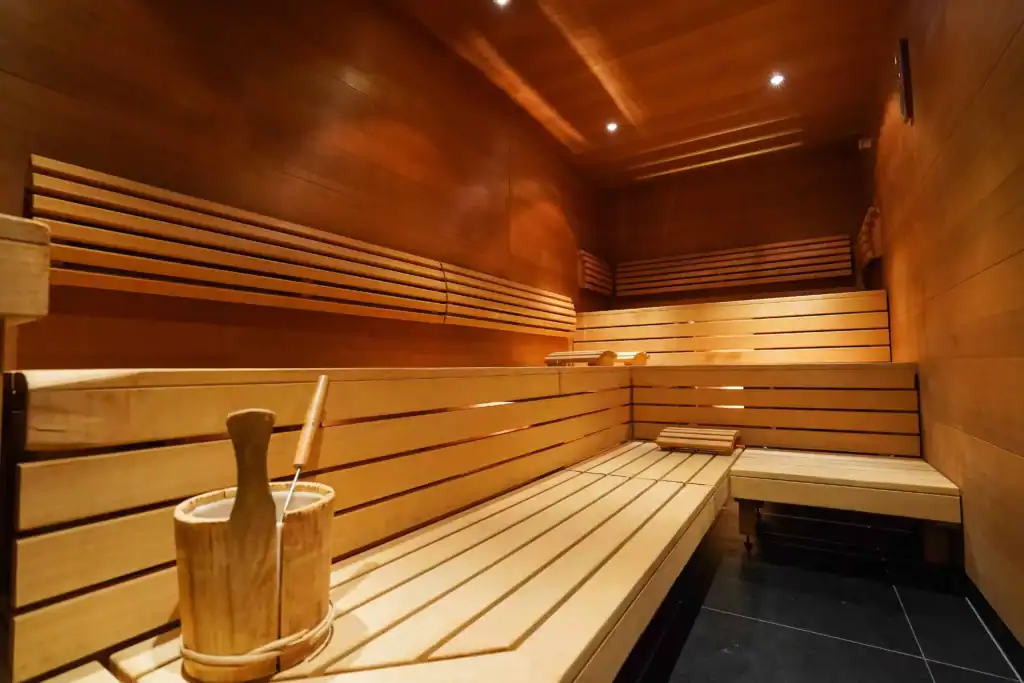 The interior of an empty sauna.
