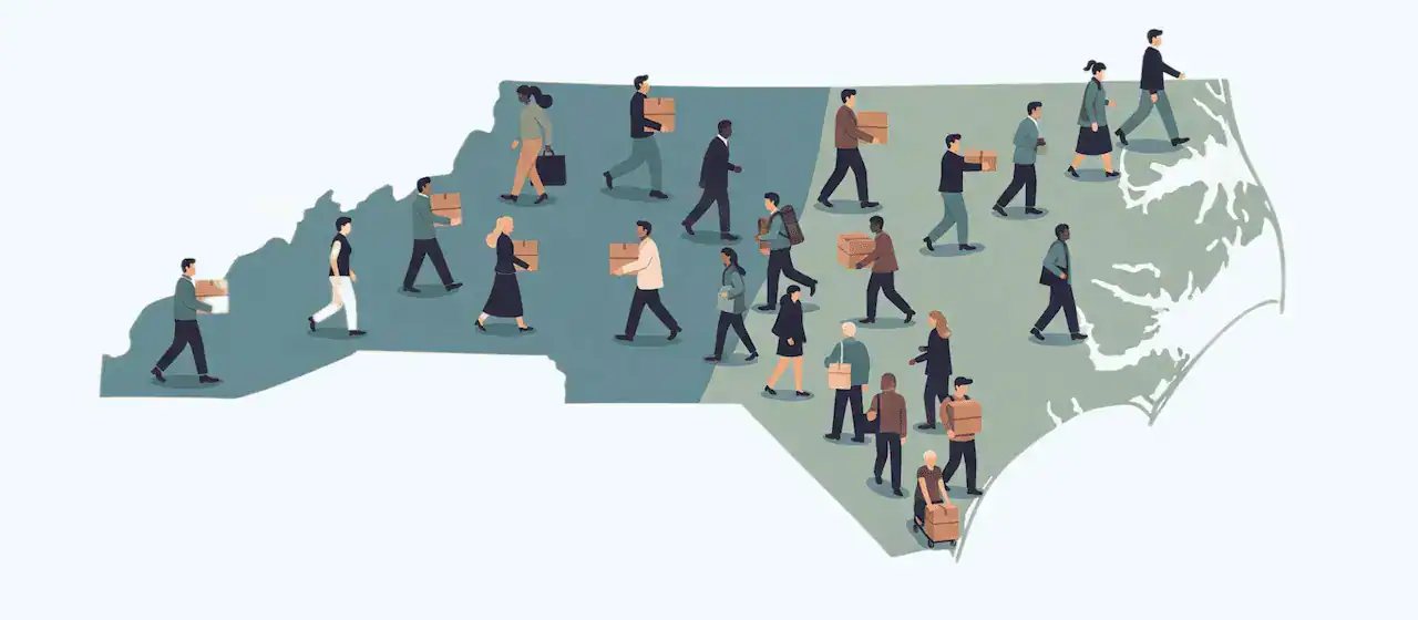 Illustration of people moving across North Carolina with boxes, representing North Carolina migration trends