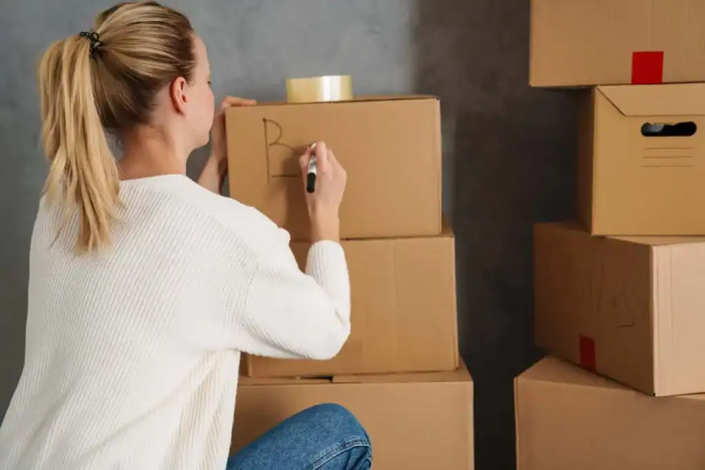 A woman labeling a box for a move.