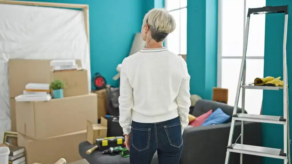 Woman planning moving logistics in cluttered room filled with boxes and furniture