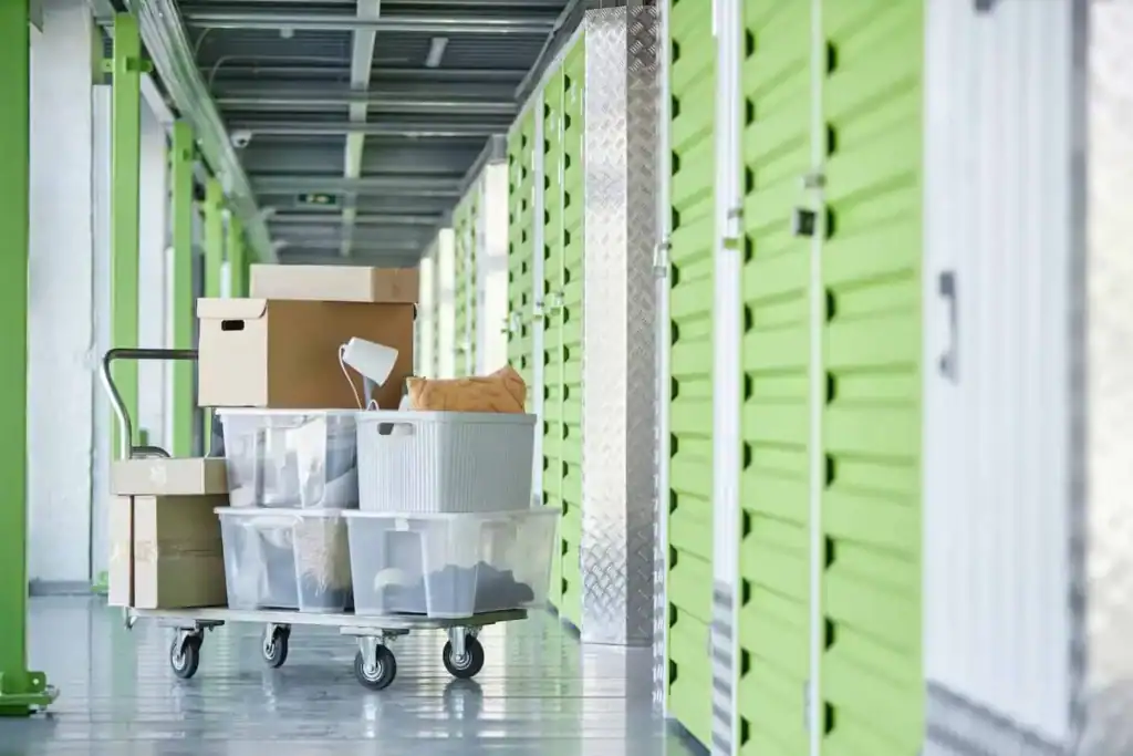 Moving boxes and plastic bins stacked on a cart in a storage facility