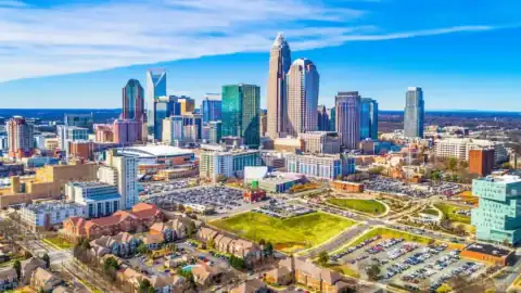 Charlotte NC skyline view with Uptown skyscrapers and colorful buildings