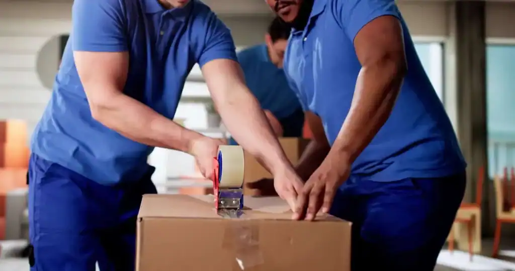 Professional movers packing boxes and preparing items for a move