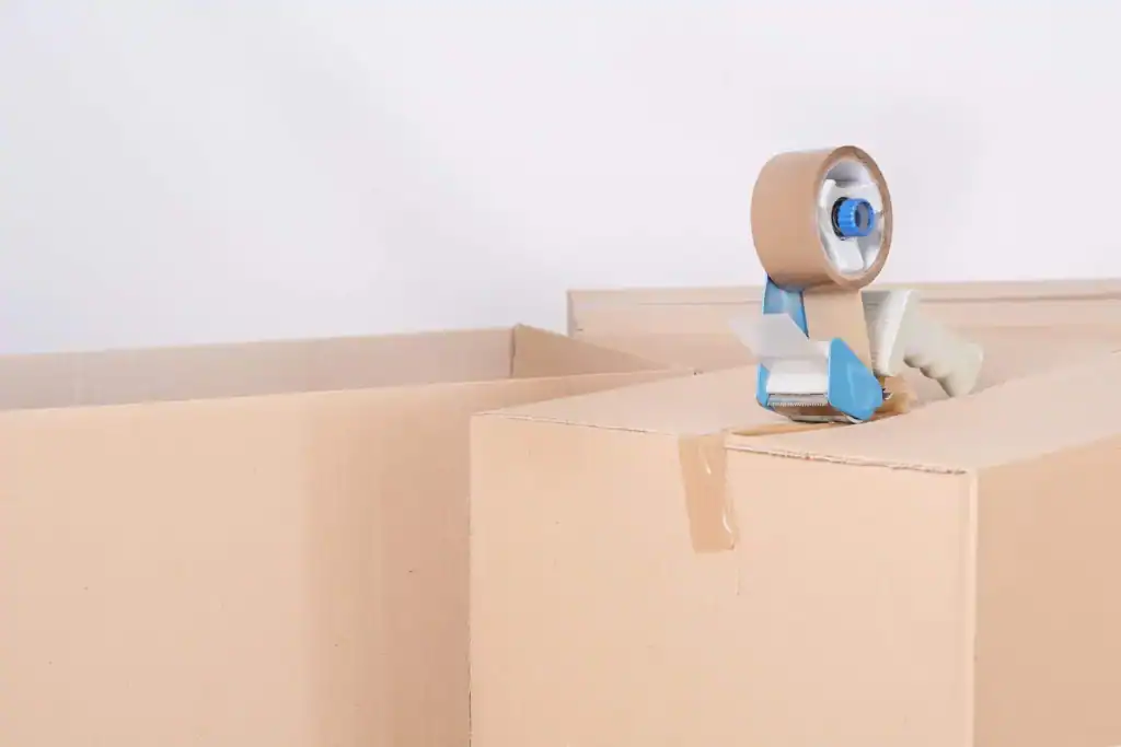Cardboard moving boxes with packing tape dispenser