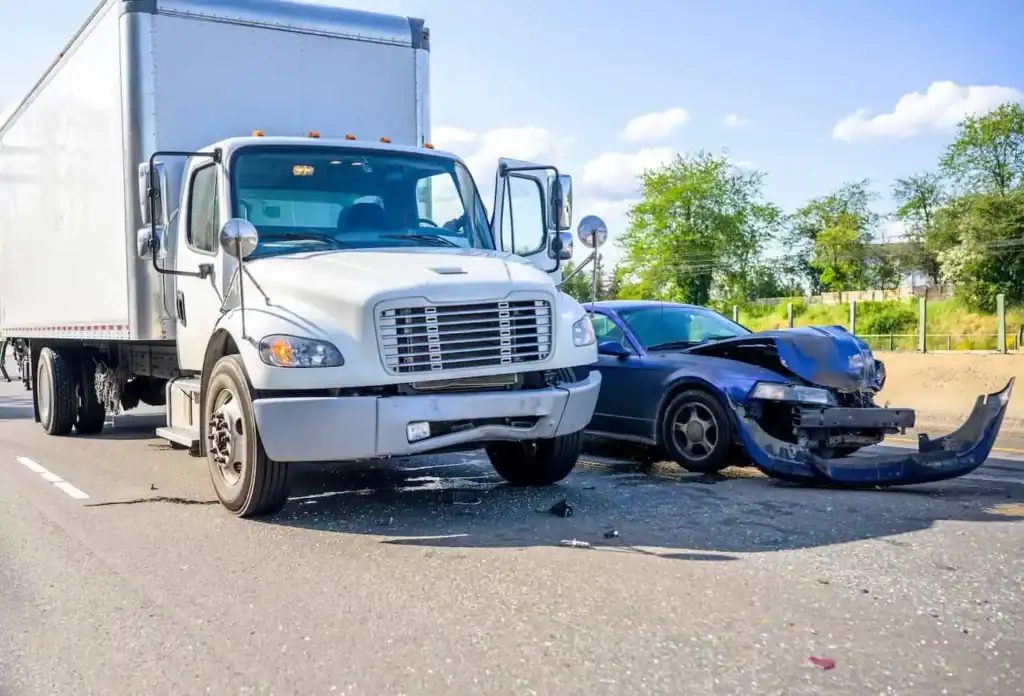 A collision between a moving truck and a car