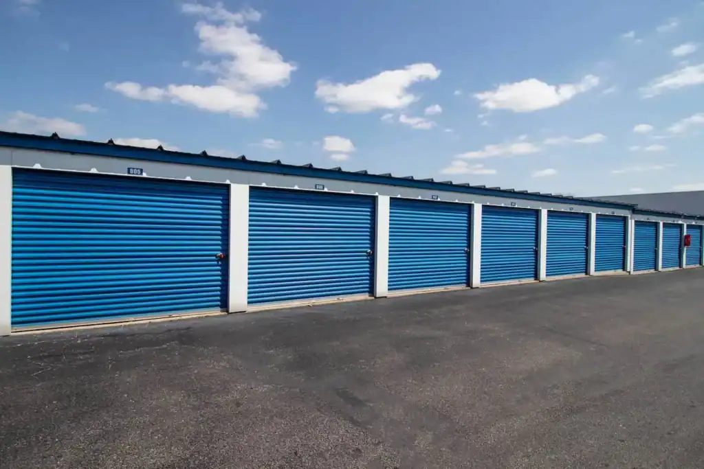Row of blue self-storage units