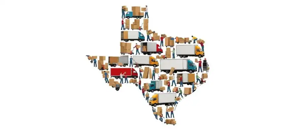Map of Texas made of moving trucks and people carrying boxes