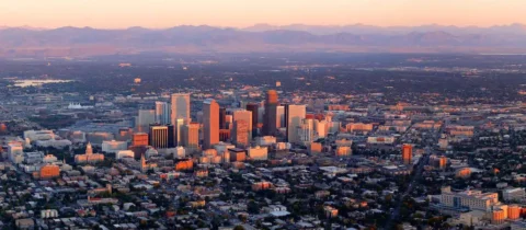 Panorama on downtown Denver Colorado area at sunrise