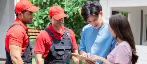 Professional movers talking with customers outside a home before a move