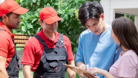 Professional movers talking with customers outside a home before a move