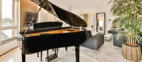 Grand piano in a modern living room ready to be moved by professional piano movers