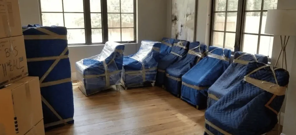 A set of chairs wrapped in moving blankets, ready for a move