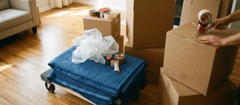 Packing supplies such as moving blankets, tape, cardboard boxes, and more
