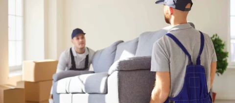 Movers picking up and moving couch