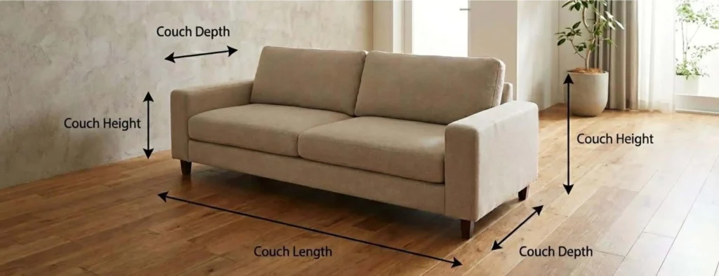 a diagram of the dimensions of a couch