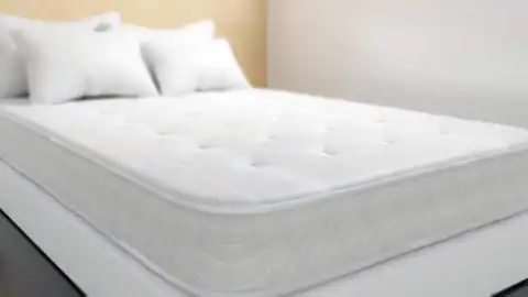 Clean mattress on a bed frame in a bedroom, ready for donation